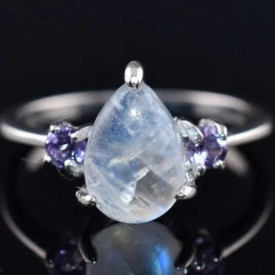 Natural Pear Moonstone & Amethyst Sterling Silver Ring