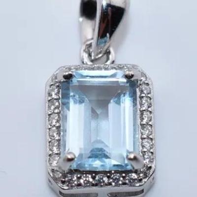 1.7 Carat Natural Rectangular Sky Blue Topaz Sterling Silver Pendant
