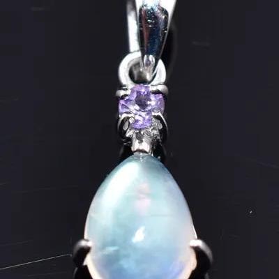 Natural Pear Moonstone Cabochon & Amethyst Sterling Silver Pendant