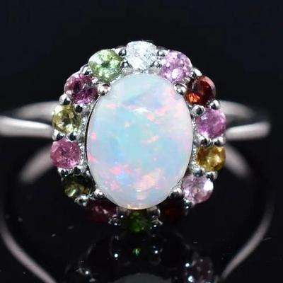 Natural Oval Fire Opal Cabochon & Colored Tourmaline Sterling Silver Ring