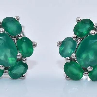 Natural Green Agate Sterling Silver Cluster Earrings