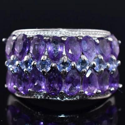 Natural Oval Amethyst & Tanzanite Sterling Silver Ring