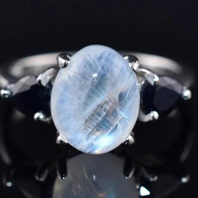 Natural Oval Moonstone Cabochon & Blue Sapphire Ring