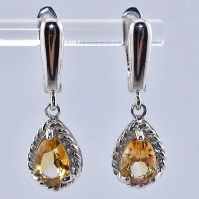 Natural Pear Citrine Sterling Silver Dangle Earrings