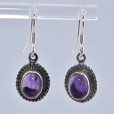 2.8 TCW Natural Oval Amethyst Cabochon Sterling Silver Dangle Earrings