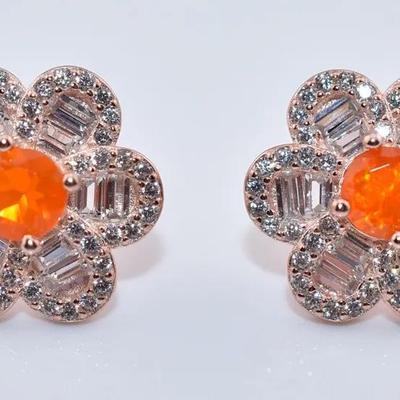 Natural Round Orange Opal Floral Sterling Silver Rose Vermeil Earrings