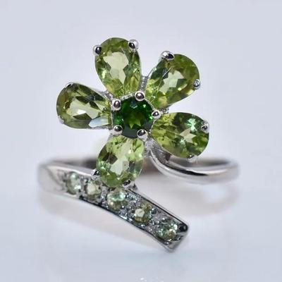 Natural Chrome Diopside & Peridot Sterling Silver Clover Ring