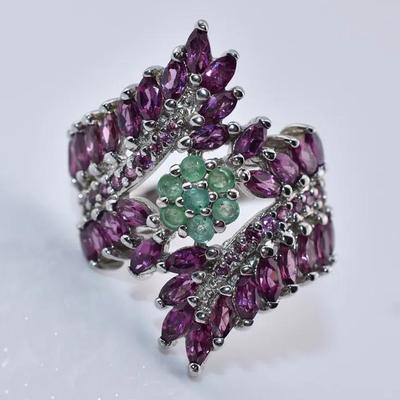 Natural Emerald & Marquis Rhodolite Garnet Sterling Silver Ring