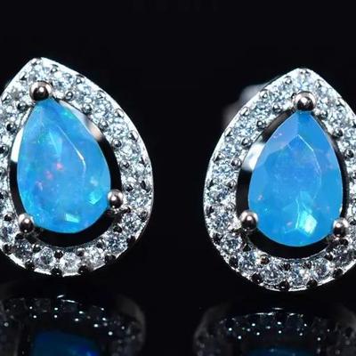 Natural Pear Blue Opal Sterling Silver Stud Earrings