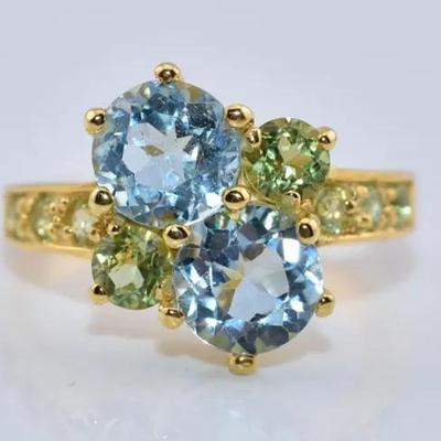 Natural Round Blue Topaz & Peridot Sterling Silver Gold Vermeil Ring