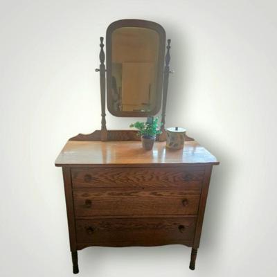 Sale Photo Thumbnail #14: Antique 3 drawer oak dresser and mirro
