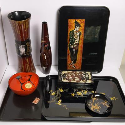 Vietnamese & Japanese Lacquerware, Vases, Plate, Bowl