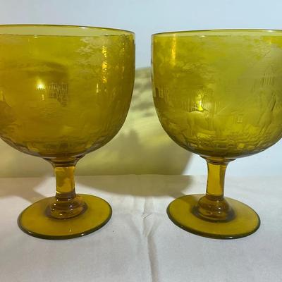 Yellow Etched Glass Fox hunt Scene Large Goblets 