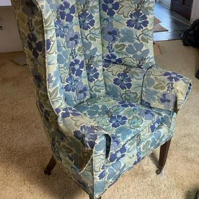 Blue Floral Wingback Chair on Wheels 31x29x46”