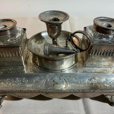 Sterling Silver Ink Stand With Central Chamberstick 