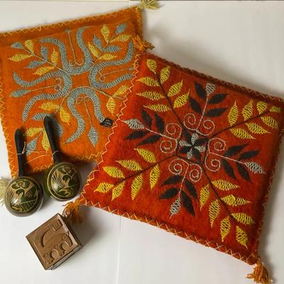 South American Wool Pillows, Maracas, & Carved Figure
