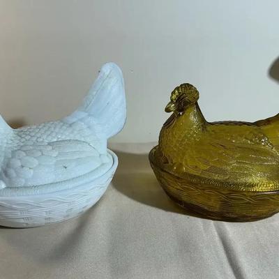 Glass Amber And Clear Nesting Chicken Dishes 