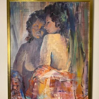 Two Women Original Signed Painting In Gold Frame 23.5x29.5”