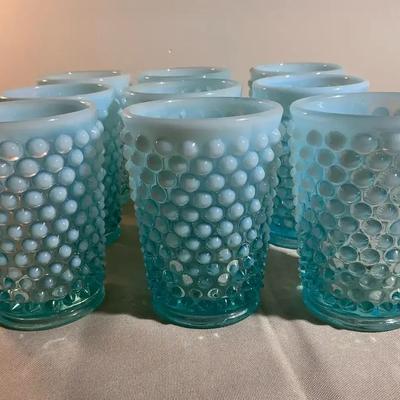 (9) Vintage Fenton Opalescent Hobnail Blue Juice Glasses Lot #2