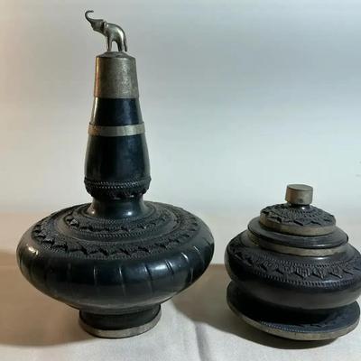 Thai Pottery Carved Bottle With Elephant Finial And Jar