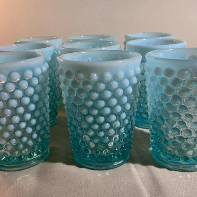 (9) Vintage Fenton Opalescent Hobnail Blue Juice Glasses 