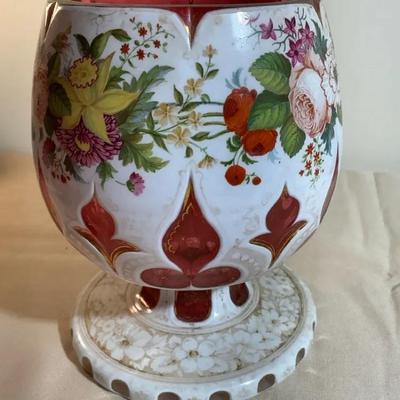 Antique Bohemian Ruby Footed Vase Hand Painted 
