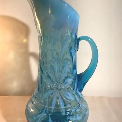 Northwood Blue Opalescent Poinsettia Tankard Pitcher 