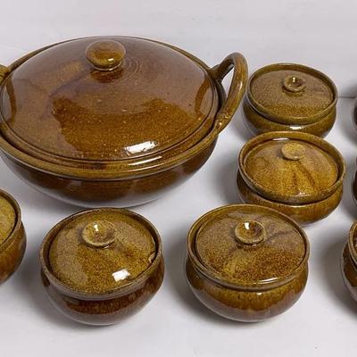 Brown Drip Glaze Stoneware Serving Bowl & Soup Bowls