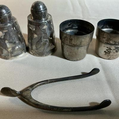 Sterling Silver Salt And Pepper, Wish Bone Tongs And More 