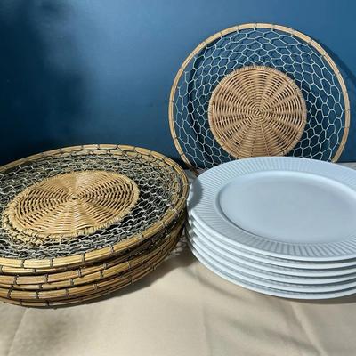 Pillivuyt White 12” Dinner Plates With French Wicker Wire Chargers 