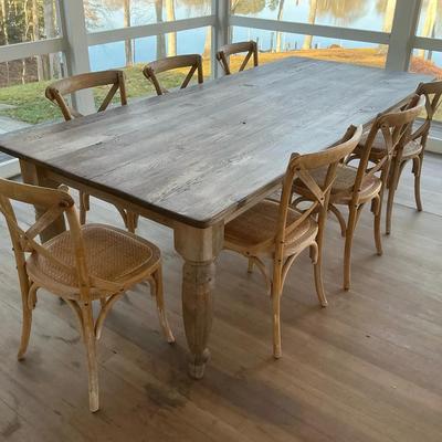 Distressed Wood Farm Table (8 Ft) & Seven Chairs 