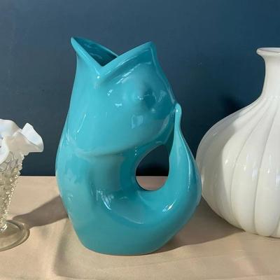 Fish Gurgle Pot,white Blown Bulb Vase,and Fenton Hobnail Vase