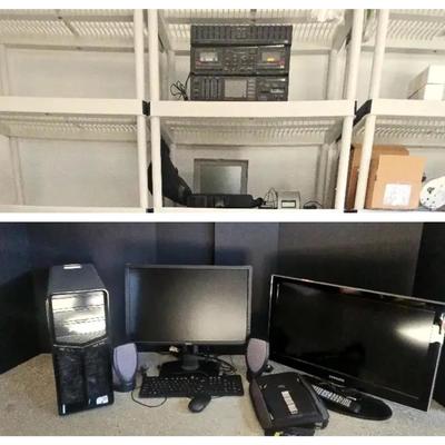 Electronics Grouping with Vintage Macintosh Laptop, Dell Monitor, Samsung TV, and Accessories