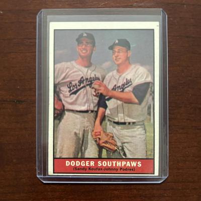 1961 Topps Baseball Card. Dodger Sluggers - Sandy Koufax & Johnny Podres. Card #207