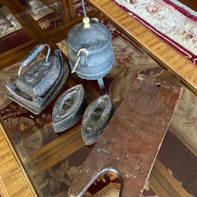 KVS025 - Vintage Cast Iron Sad Irons, Miniature Pot, Sleeve Ironing Board