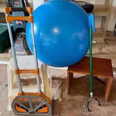 KVS037 - Miscellaneous Bundle -Step Stool, Exercise Ball, Folding Hand truck , Picker Upper