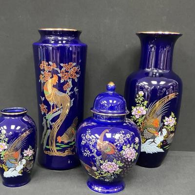 Japanese Kutani Cobalt Blue Vases