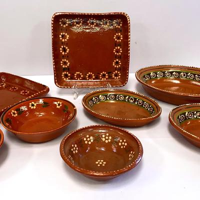 Collection Of Brown Floral Pottery Bowls, Square Plates And Serving Dishes