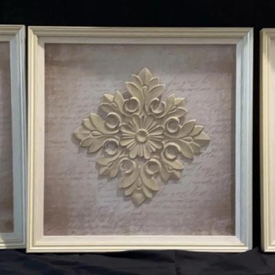 Framed Decorative Wall Art With Floral Square Applique- Set Of 3