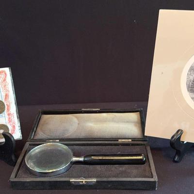 Chinese Old Coins, Vintage Magnifying Glass in Case And Limited Edition Print