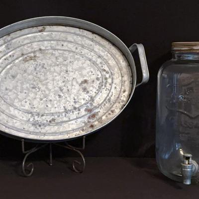   Yorkshire Glassware Dispenser,  Galvanized Metal Serving Tray Oval Metal Handles Grey 
