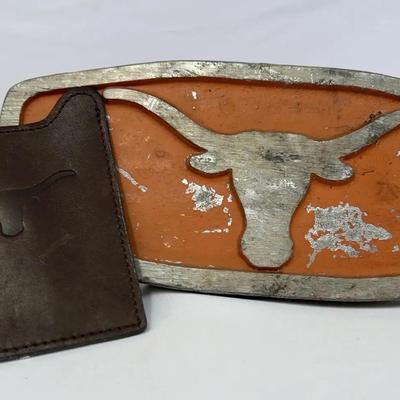 Fossil Leather Longhorn money clip with credit card holder, along with a longhorn