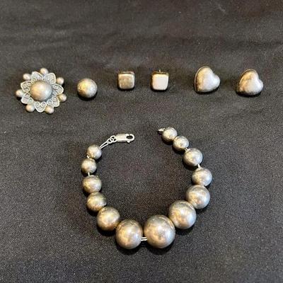 Sterling Silver Beaded Bracelet And Studs From Mexico