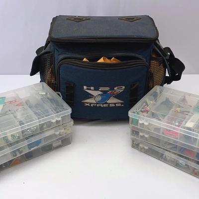 Canvas Bag Full Of Various Screws And Other Items With Six Plastic Storage Containers