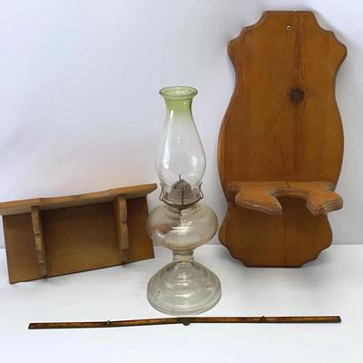 Oil Lamp With Wooden Wall Holder, Small Wood Shelf And Vintage Folding Tape Measure