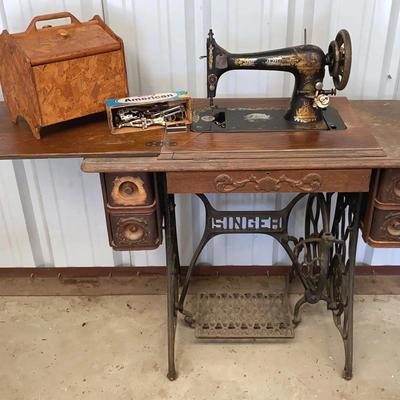 Antique Singer Treadle Sewing Machine In Wood Cabinet And Sewing Notions