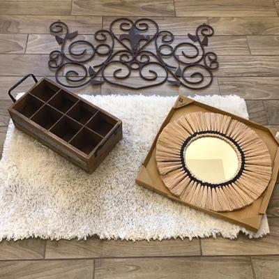 Shag Rug, Metal Wall Decor, Rustic Caddy & Raffia Accent Mirror