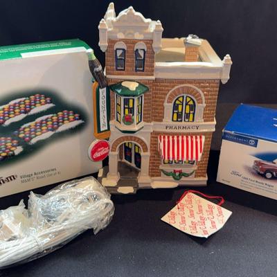Dept 56 The Original Snow Village Coca-Cola Corner Drugstore, Ford 1949 Woody Wagon And M&Ms Road