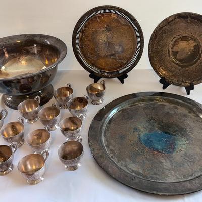 Silverplated Punch Bowl, Cups And Platters