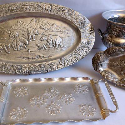 Pewter And Silverplate Platters, Pitchers And Wine Bucket
